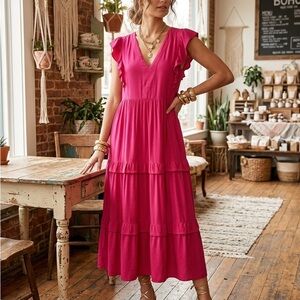 entro Fuchsia Ruffle Sleeve Maxi Dress